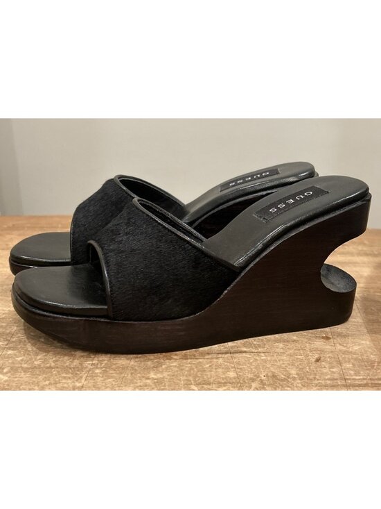 Guess Shoes - GUESS Y2K Black Calf Hair Platform Cut Out Wedge Slides Sandals US 7.5 Spain